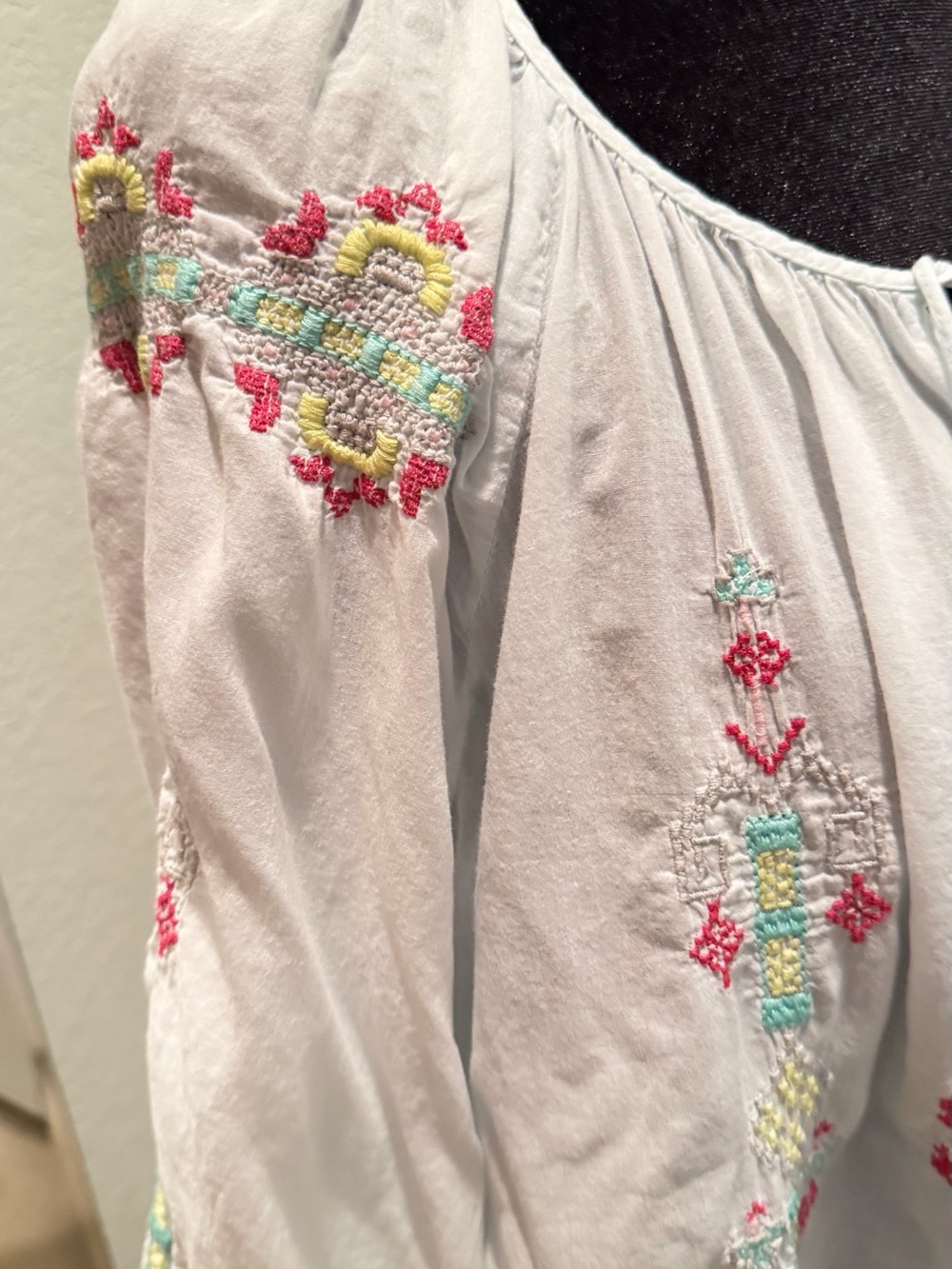Johnny Was Pale Blue Embroidered Peasant Blouse with Pink & Green Accents - Picture 13 of 13